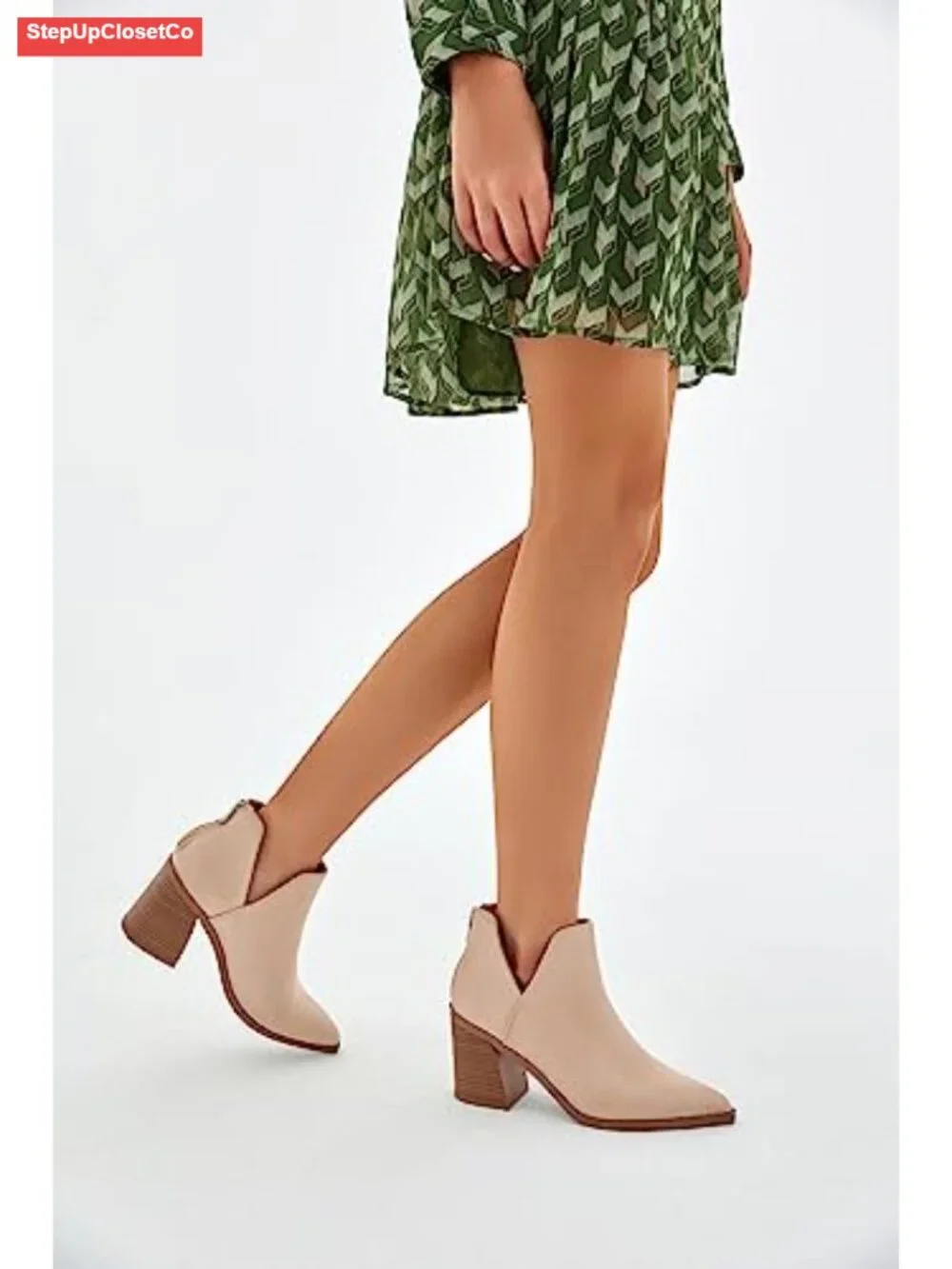 Slip on Ankle Boots V Cutout Pointed Toe Chunky Stacked Heel Booties Faux